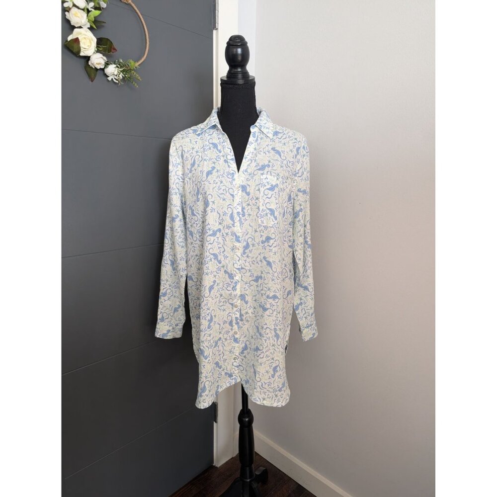 Sigrid Olsen Seahorse Print Linen Roll Tab Sleeve Tunic - L‎